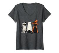 Mujer Disfraz Retro de Gato Bruja Fantasma de Momia, Lindo Amante de los Gatos espeluznantes Camiseta Cuello V