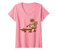 Mujer Disney Chip ‘n Dale Chipmunks Acorn Run Camiseta Cuello V, Rosado, M