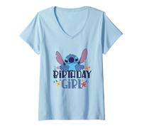 Mujer Disney Lilo & Stitch Birthday Girl Happy Stitch Floral Logo Camiseta Cuello V