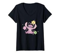 Mujer Disney Lilo & Stitch Cute Angel Floral Sparkles Chest Logo Camiseta Cuello V