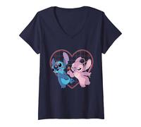 Mujer Disney Lilo y Stitch Angel Corazón y Besos Camiseta Camiseta Cuello V, Azul Marino, M
