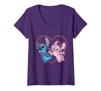 Mujer Disney Lilo y Stitch Angel Corazón y Besos Camiseta Camiseta Cuello V, Morado, L