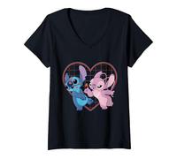 Mujer Disney Lilo y Stitch Angel Corazón y Besos Camiseta Camiseta Cuello V, Negro, M