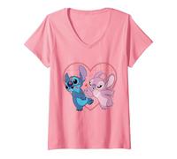 Mujer Disney Lilo y Stitch Angel Corazón y Besos Camiseta Camiseta Cuello V, Rosado, XL
