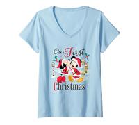 Mujer Disney Mickey & Minnie Our First Christmas Holiday Couples Camiseta Cuello V