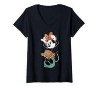 Mujer Disney Minnie Mouse in Orange & Green Color Trend Bow Pose Camiseta Cuello V