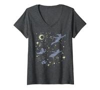 Mujer Disney Peter Pan Starry Flight Silhouette Camiseta Cuello V, Jaspeado Oscuro, S
