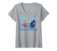 Mujer Disney Pixar Finding Dory Just Swimming With Nemo Camiseta Cuello V, Gris Jaspeado, XL