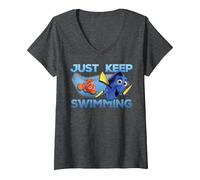 Mujer Disney Pixar Finding Dory Just Swimming With Nemo Camiseta Cuello V, Jaspeado Oscuro, XL