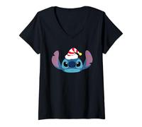 Mujer Disney Stitch Christmas Santa's Elf Hat Holiday Big Face Camiseta Cuello V