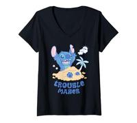 Mujer Disney Stitch Fluffy Summer Beach Sand Pile "Trouble Maker" Camiseta Cuello V