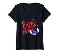 Mujer Disney Stitch Happy Birthday USA 4th of July America 250th Camiseta Cuello V