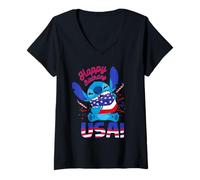 Mujer Disney Stitch Happy Birthday USA Independence Day 250 Years Camiseta Cuello V