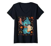 Mujer Disney Stitch Pumpkin Latte Cozy Fall Coffee Collage Camiseta Cuello V