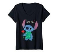 Mujer Disney Stitch Valentine's Day with Rose "Love Me..." Camiseta Cuello V