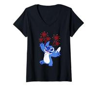 Mujer Disney Stitch with Fireworks Americana 4th of July USA 250th Camiseta Cuello V