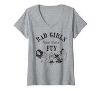 Mujer Disney Villains Bad Girls Have More Fun C1 Camiseta Cuello V, Gris Jaspeado, M