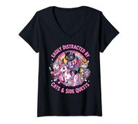 Mujer Distraídas por los Gatos y Las misiones secundarias, Lindas heroínas, Gatos, Gamer Girls Camiseta Cuello V