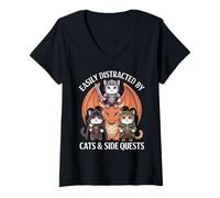 Mujer Distraído por Gatos y misiones secundarias Cat Kight Dragon Girl Boy Camiseta Cuello V