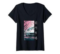 Mujer Distress JDM Coche Japón Mercado Nacional Sakura Flor Arte Camiseta Cuello V