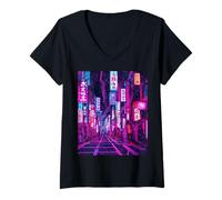 Mujer Distress Tokyo Street por la noche hecha en Japón para los amantes de JP Camiseta Cuello V