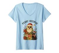 Mujer Diversión navideña de Papá Noel Black Cat de Merry Creepmas Camiseta Cuello V