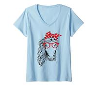 Mujer Divertida Bandana de Caballo con Diadema a Cuadros y Gafas Camiseta Cuello V