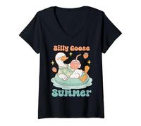 Mujer Divertida bebida flotante de pato y coco de verano Silly Goose Camiseta Cuello V
