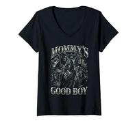 Mujer Divertida Calavera de Mommy's Good Boy Grim Reaper Camiseta Cuello V
