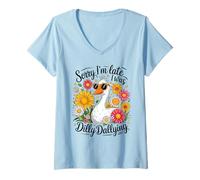 Mujer Divertida camisa de pato Sorry I'm Late I Was Dilly Dallying Flowers Camiseta Cuello V
