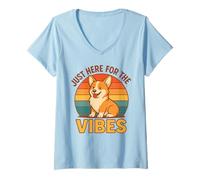 Mujer Divertida Camisa Retro de Corgi Just Here For The Vibes Dog Lover Camiseta Cuello V