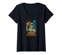 Mujer Divertida Camiseta con Estampado de Cena cósmica con diseño de Gato Astronauta de Pizza in Space Camiseta Cuello V