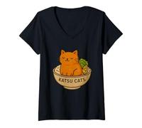 Mujer Divertida Camiseta con Estampado de Pollo Katsu de Gato, Bonito Juego de Palabras de Anime con Comida para Gatos Camiseta Cuello V