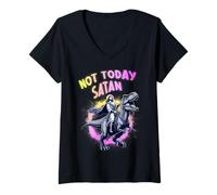 Mujer Divertida Camiseta con Humor Cristiano de Not Today Satan con diseño de Jesús y Dinosaurio Camiseta Cuello V