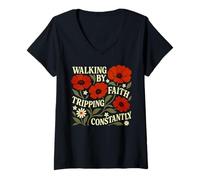 Mujer Divertida Camiseta Cristiana Caminando por fe Tropezando constantemente Camiseta Cuello V