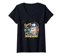 Mujer Divertida Camiseta Escolar Colorida de Sorry My Fish Ate My Homework Camiseta Cuello V