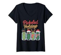 Mujer Divertida Camiseta navideña Pickle Jar Jolly Veggie de Pickled Holidays Camiseta Cuello V
