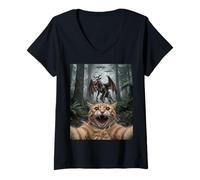 Mujer Divertida Camiseta para Selfies con Gatos, Diablo, ovni, Encuentro en el Bosque Camiseta Cuello V