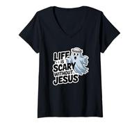 Mujer Divertida canción Cristiana de Halloween con la canción «La Vida da Miedo sin Jesús» Camiseta Cuello V