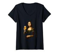 Mujer Divertida Cerveza Mona Lisa Beber Bar Vintage Fiesta Humor Regalo Camiseta Cuello V