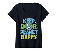 Mujer Divertida cita de dibujos animados del día de la tierra Keep Our Planet Happy nature Camiseta Cuello V