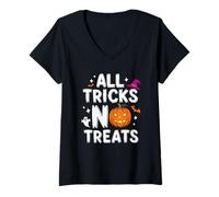 Mujer Divertida Cita de Halloween Todos los Trucos No Treats Espeluznante Octubre Camiseta Cuello V
