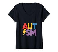 Mujer Divertida Conciencia sobre el Autismo Diciendo Rayo Colorido Camiseta Cuello V