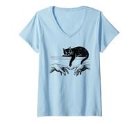 Mujer Divertida Creación de Adán con Gato Molesto Camiseta Cuello V