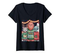 Mujer Divertida Diadema navideña con astas de Reno y Gato Bigfoot Camiseta Cuello V