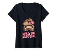 Mujer Divertida máscara Messy Bun MUD Squad Run Mudder Trail Running Camiseta Cuello V