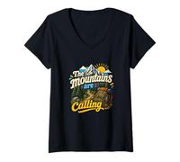 Mujer Divertida Mochila de Senderismo The Mountains Are Calling Pines Trees Camiseta Cuello V