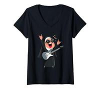Mujer Divertida Monja Guitarrista Estilo Retro música Rock Humor diseño Camiseta Cuello V