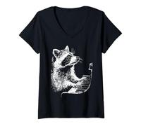 Mujer Divertida Obra de Arte de Mapache Que Toca el Piano, gráfico de Pianista Camiseta Cuello V
