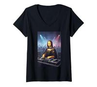 Mujer Divertida Parodia de Mona Lisa DJ Party Crowd Art Design Camiseta Cuello V